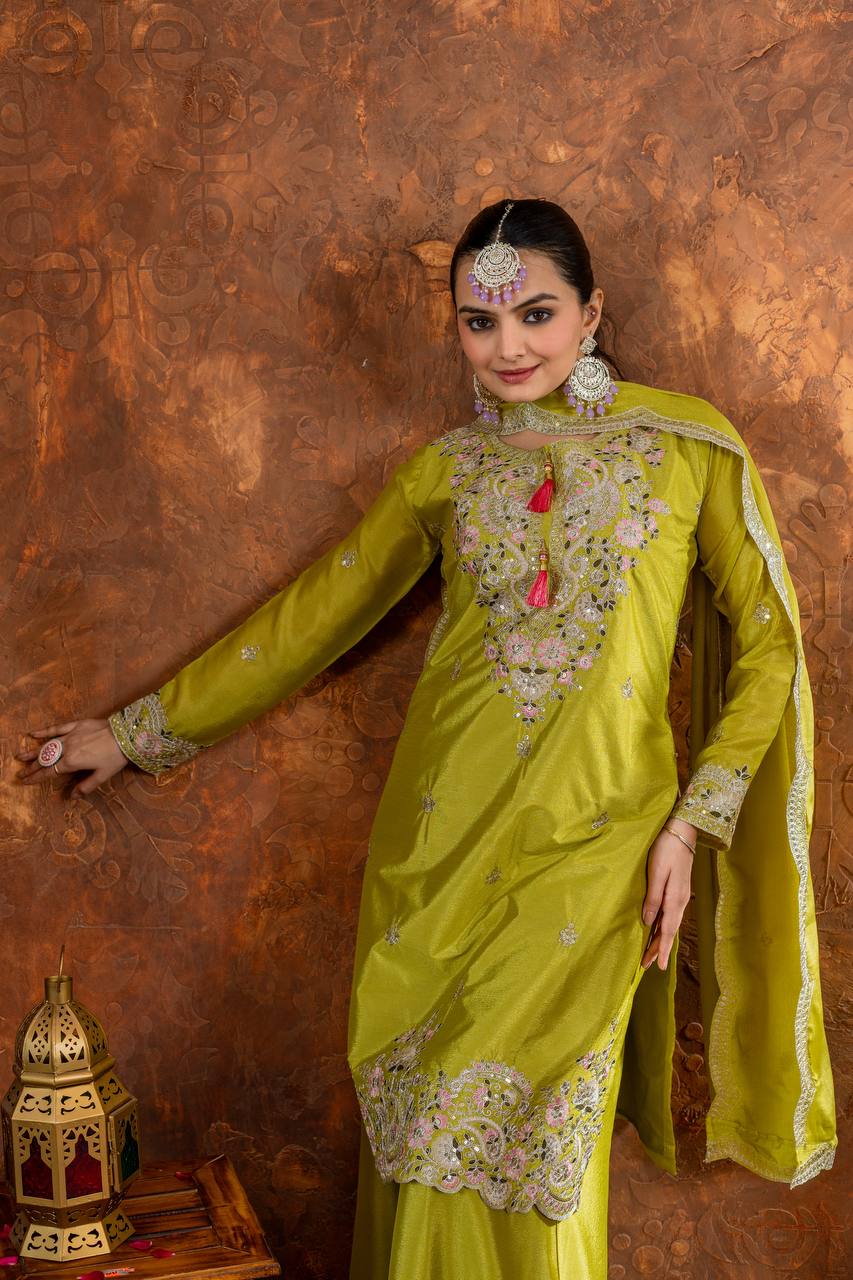Designer Embroidered Chinon Silk Plazzo Set with Tassels
