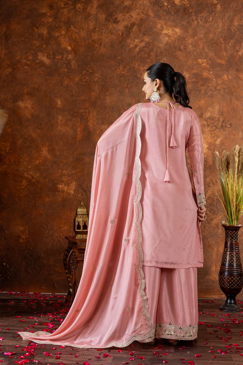 Designer Embroidered Chinon Silk Plazzo Set with Tassels