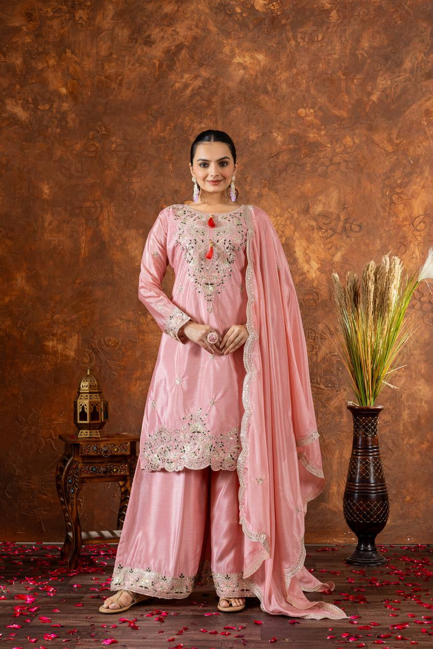 Designer Embroidered Chinon Silk Plazzo Set with Tassels