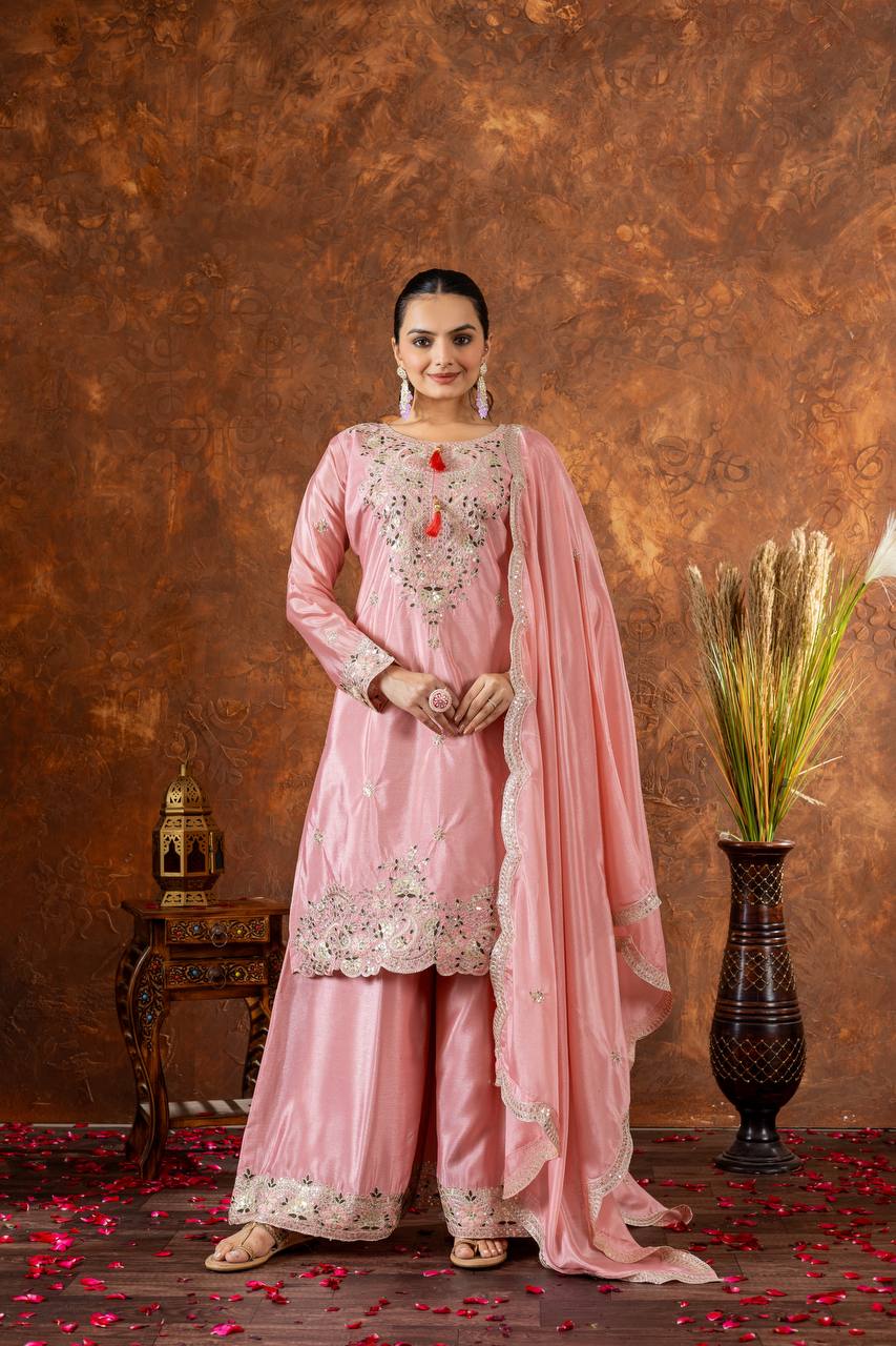 Designer Embroidered Chinon Silk Plazzo Set with Tassels