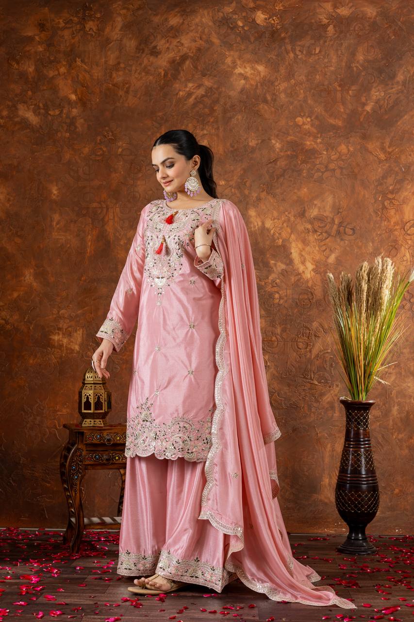 Designer Embroidered Chinon Silk Plazzo Set with Tassels