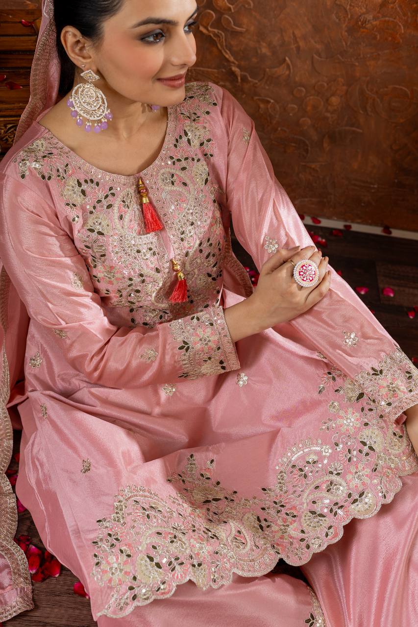 Designer Embroidered Chinon Silk Plazzo Set with Tassels