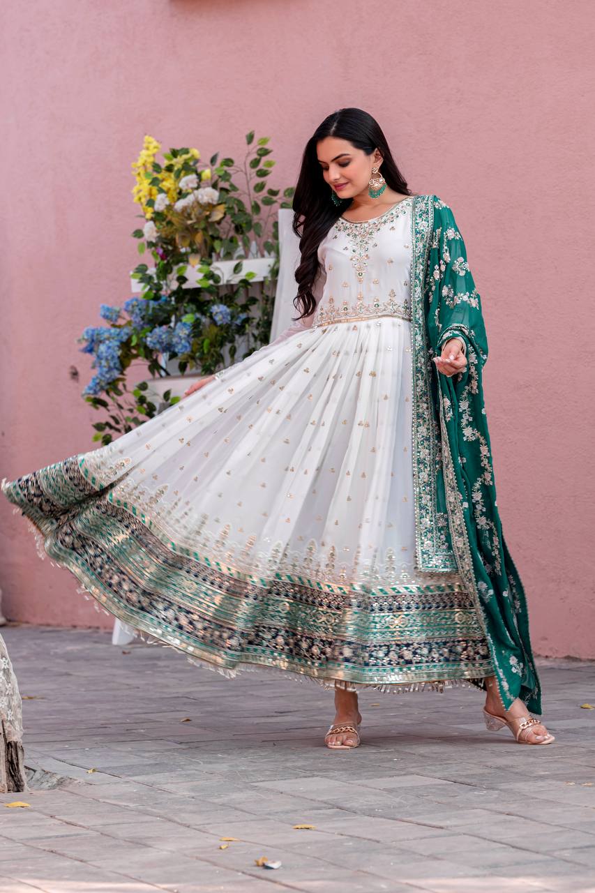 Embroidered Faux Georgette Party Gown Set with Dupatta & Latkans