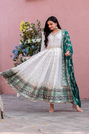 Embroidered Faux Georgette Party Gown Set with Dupatta & Latkans