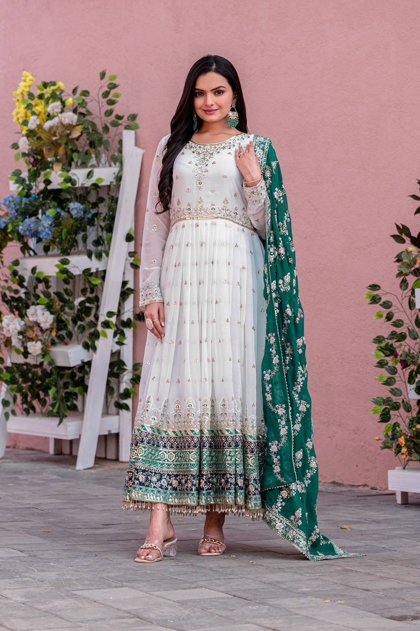 Embroidered Faux Georgette Party Gown Set with Dupatta & Latkans