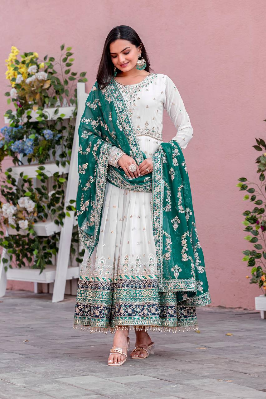 Embroidered Faux Georgette Party Gown Set with Dupatta & Latkans