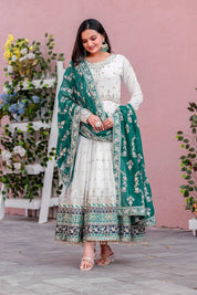 Embroidered Faux Georgette Party Gown Set with Dupatta & Latkans