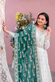 Embroidered Faux Georgette Party Gown Set with Dupatta & Latkans