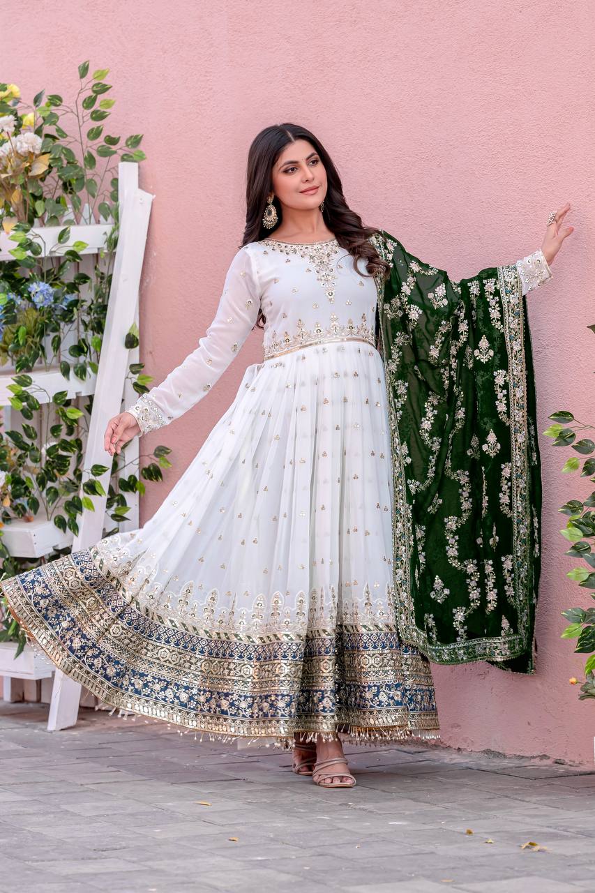 Embroidered Faux Georgette Party Gown Set with Dupatta & Latkans