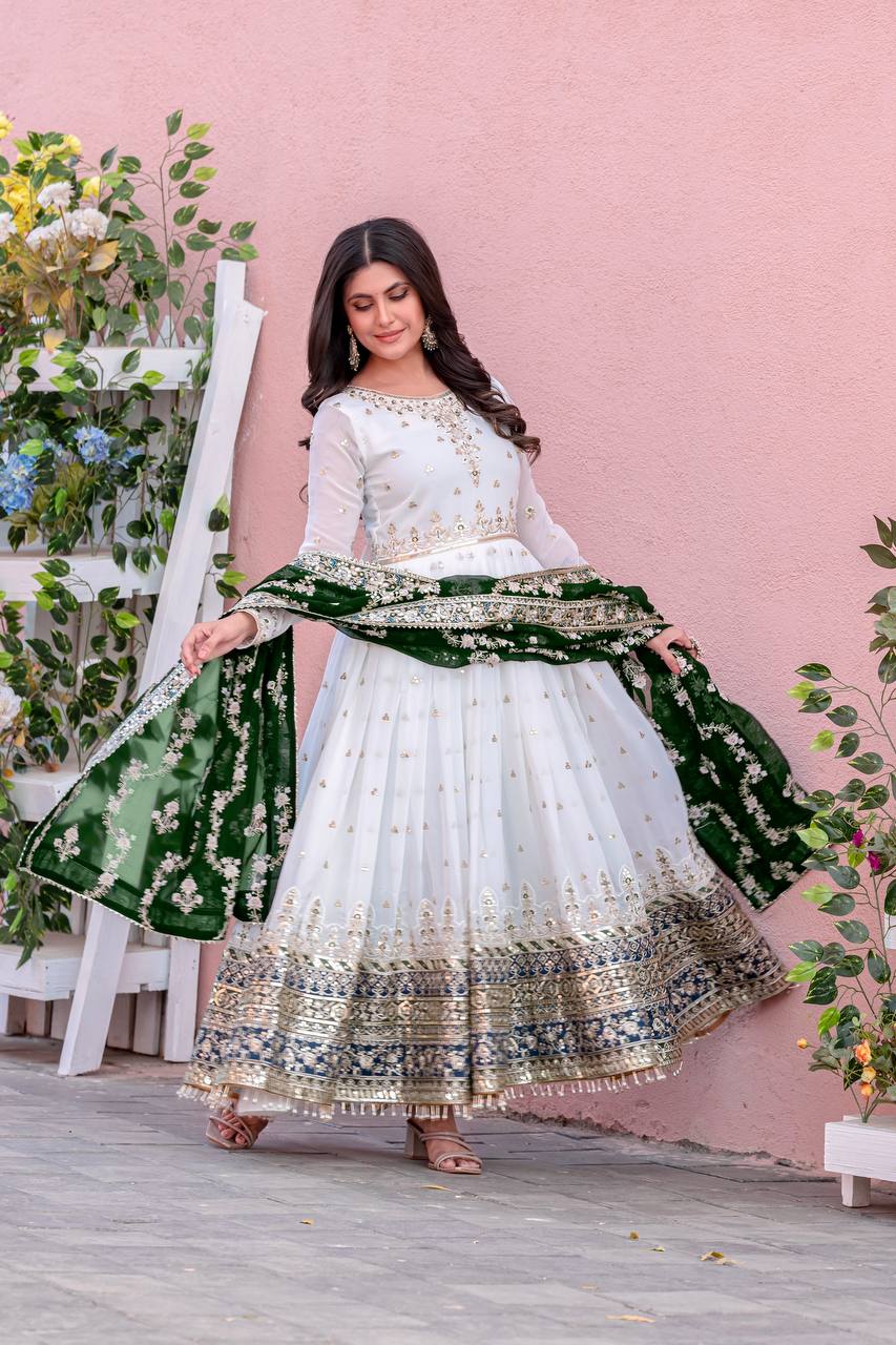 Embroidered Faux Georgette Party Gown Set with Dupatta & Latkans