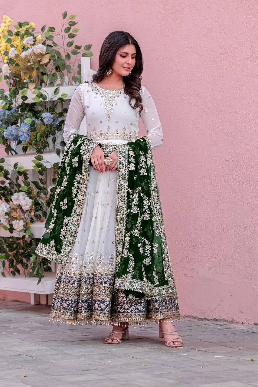 Embroidered Faux Georgette Party Gown Set with Dupatta & Latkans