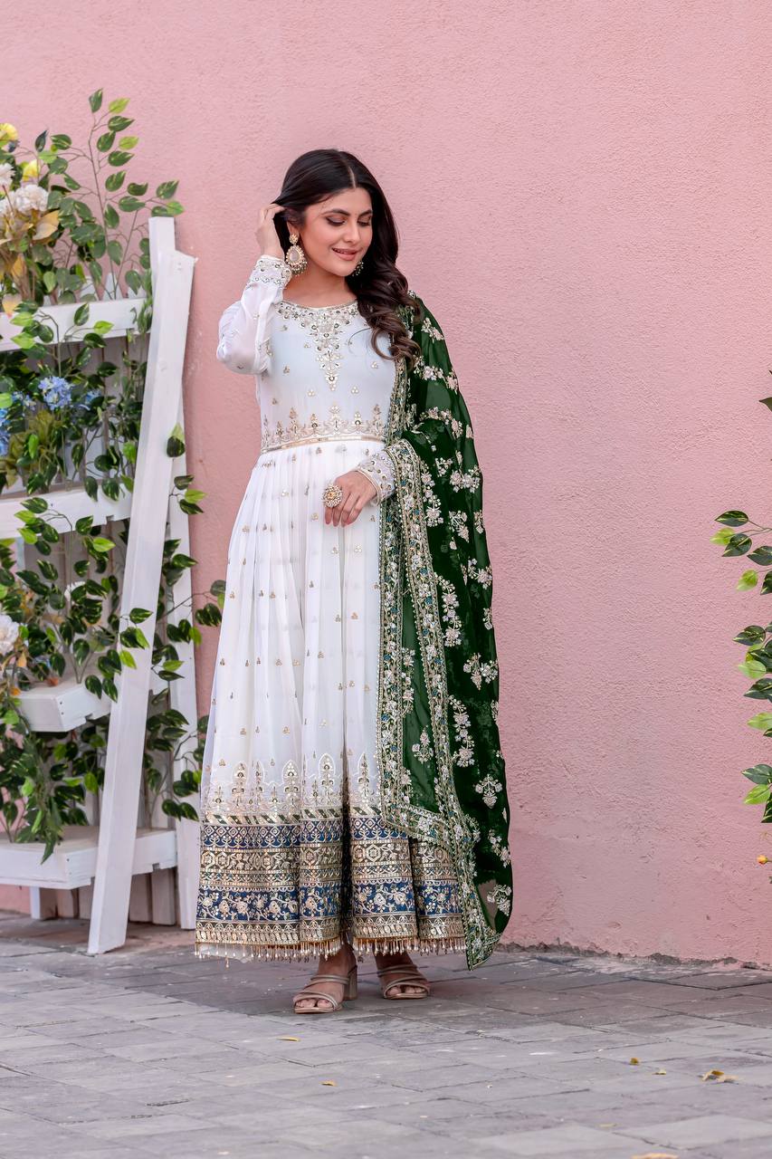 Embroidered Faux Georgette Party Gown Set with Dupatta & Latkans