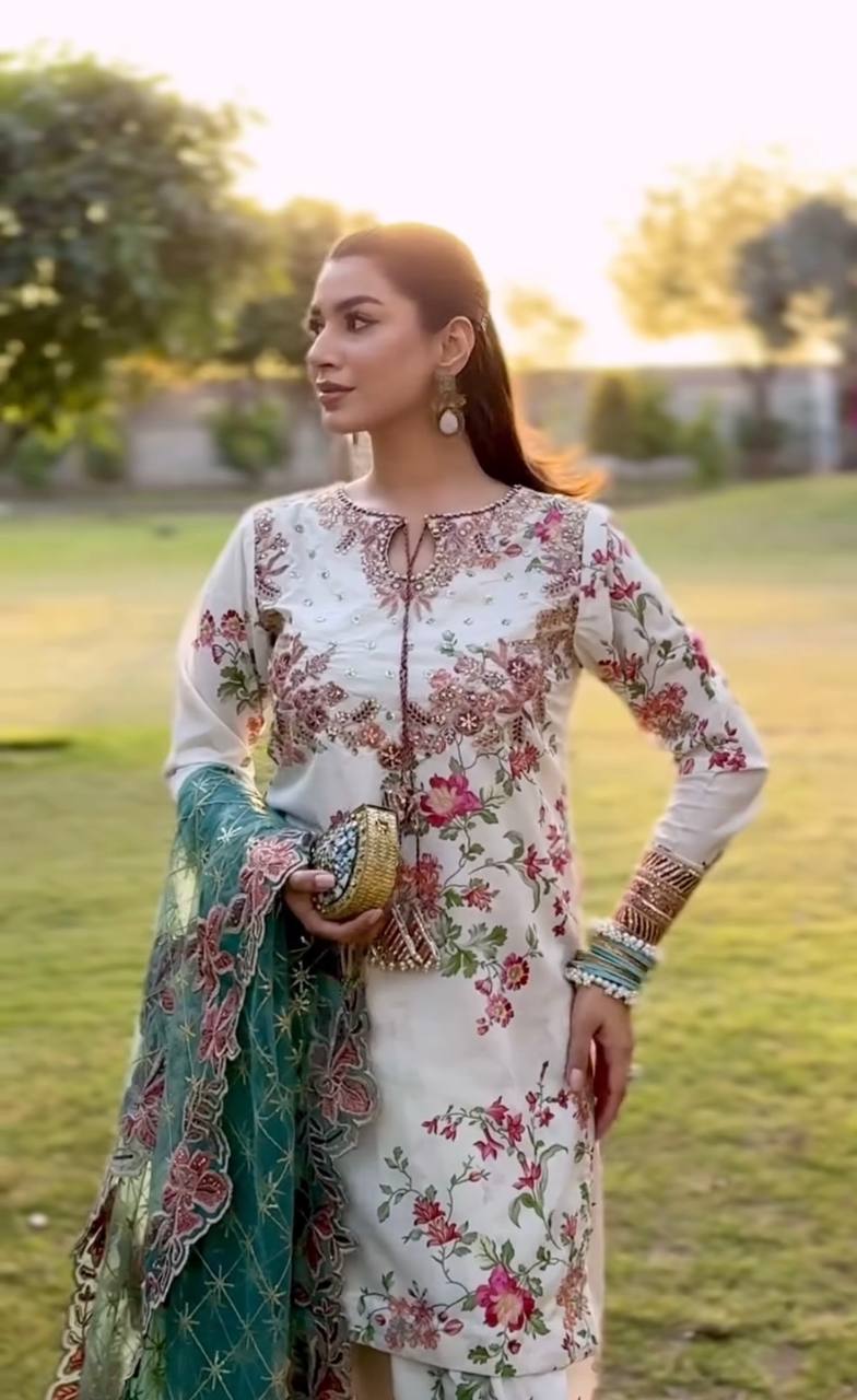 White Designer Georgette Farshi Plazzo Set with Embroidered Net Dupatta