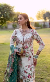 White Designer Georgette Farshi Plazzo Set with Embroidered Net Dupatta