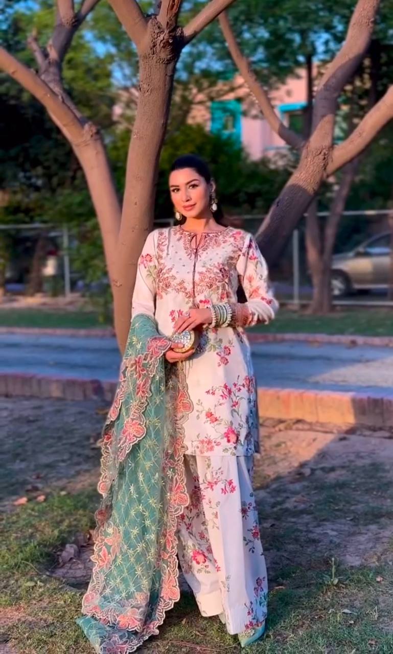 White Designer Georgette Farshi Plazzo Set with Embroidered Net Dupatta