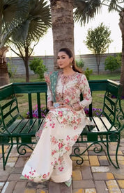 White Designer Georgette Farshi Plazzo Set with Embroidered Net Dupatta