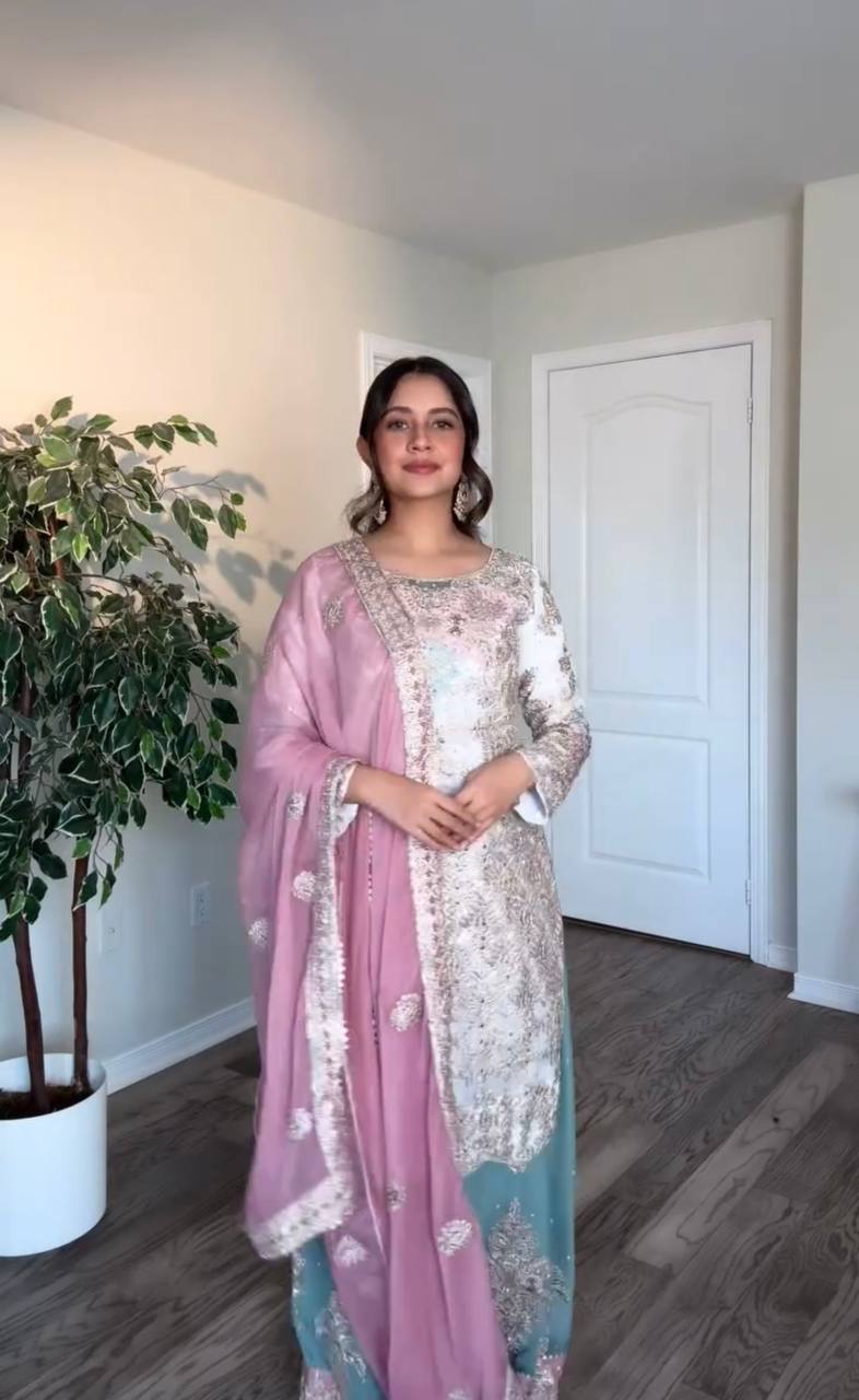 White Embroidered Faux Georgette Farshi Plazzo Set with Mirror Work Sleeves