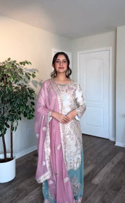 White Embroidered Faux Georgette Farshi Plazzo Set with Mirror Work Sleeves