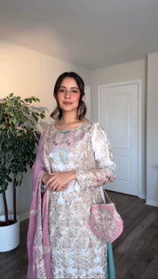 White Embroidered Faux Georgette Farshi Plazzo Set with Mirror Work Sleeves
