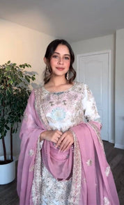 White Embroidered Faux Georgette Farshi Plazzo Set with Mirror Work Sleeves