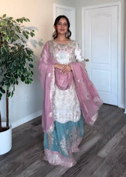White Embroidered Faux Georgette Farshi Plazzo Set with Mirror Work Sleeves