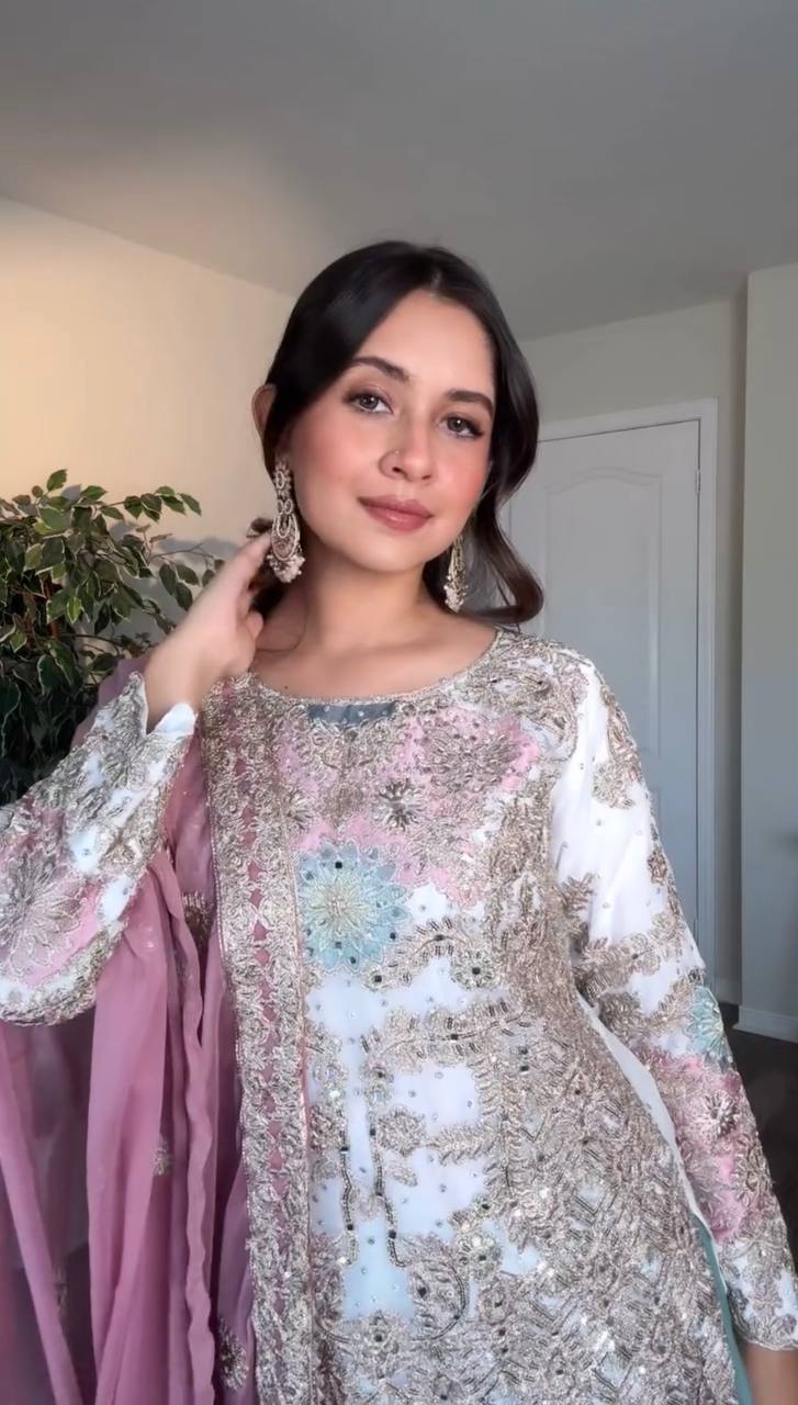 White Embroidered Faux Georgette Farshi Plazzo Set with Mirror Work Sleeves
