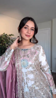 White Embroidered Faux Georgette Farshi Plazzo Set with Mirror Work Sleeves