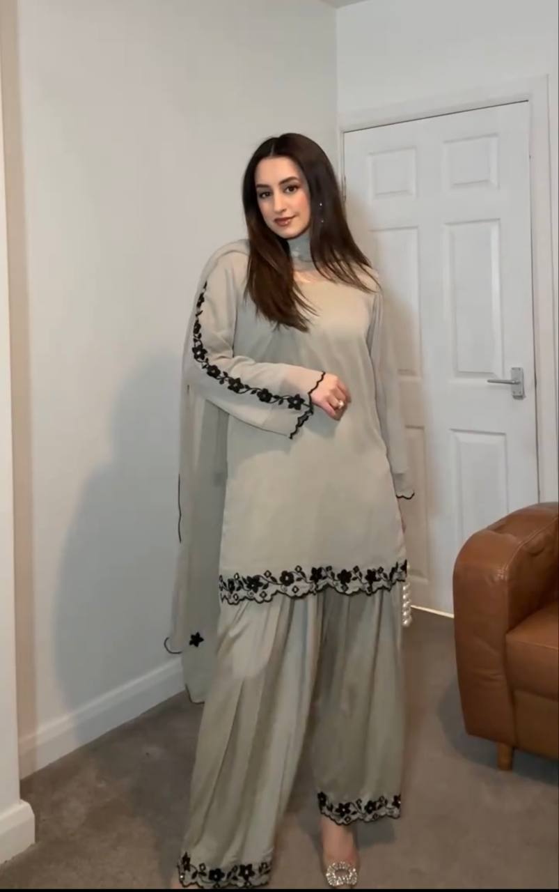 Grey Embroidered Faux Georgette Farshi Plazzo Set with Mirror Work