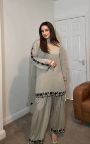 Grey Embroidered Faux Georgette Farshi Plazzo Set with Mirror Work