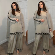 Grey Embroidered Faux Georgette Farshi Plazzo Set with Mirror Work