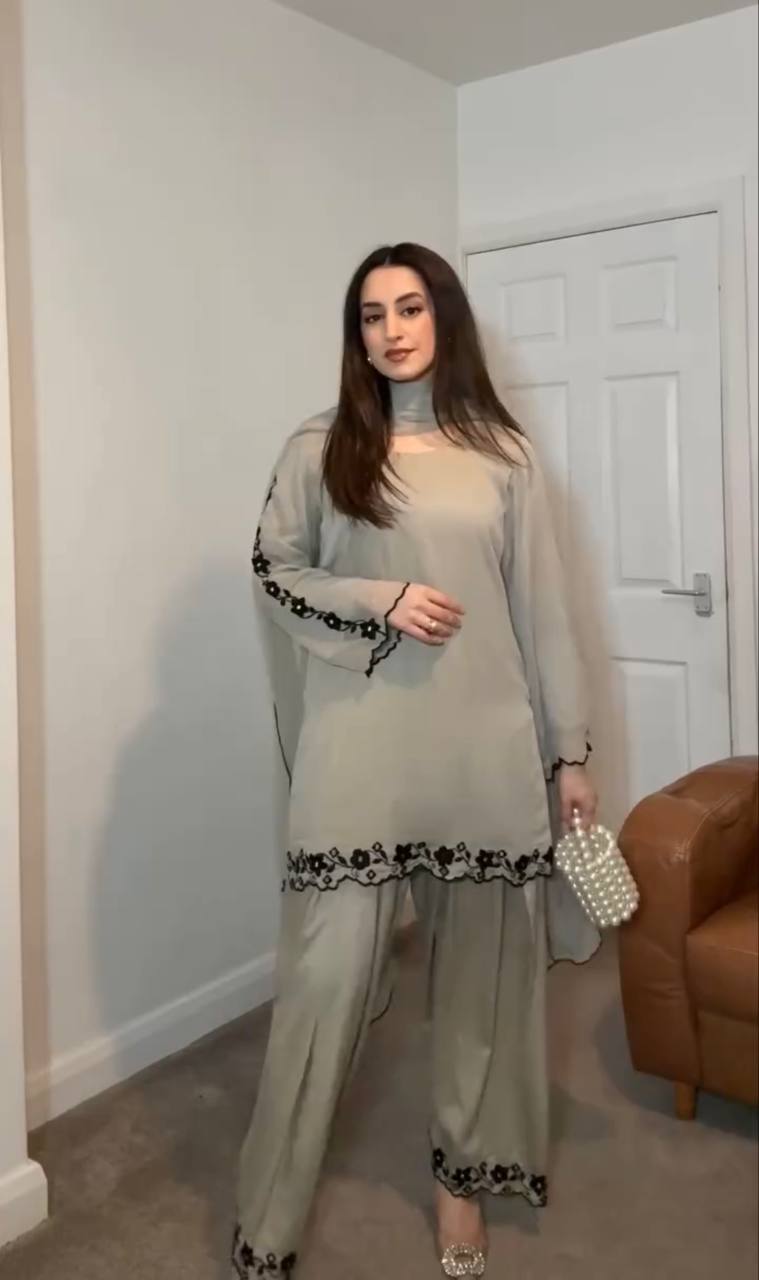 Grey Embroidered Faux Georgette Farshi Plazzo Set with Mirror Work