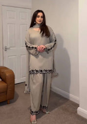 Grey Embroidered Faux Georgette Farshi Plazzo Set with Mirror Work
