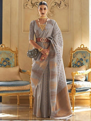 Elegant Grey Handwoven Saree with Subtle Gold Accents & Unstitched Blouse