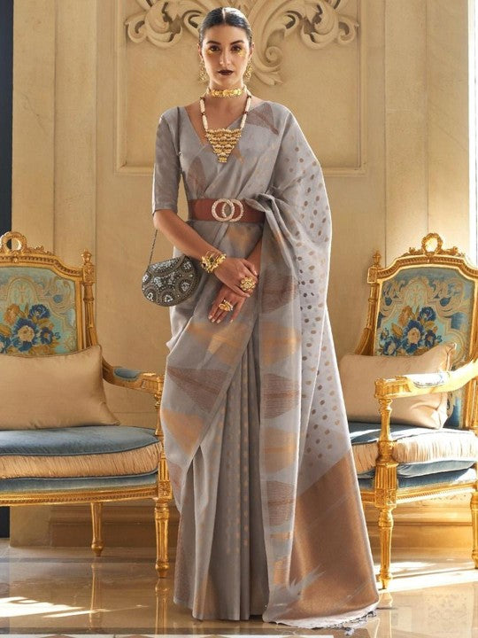 Elegant Grey Handwoven Saree with Subtle Gold Accents & Unstitched Blouse