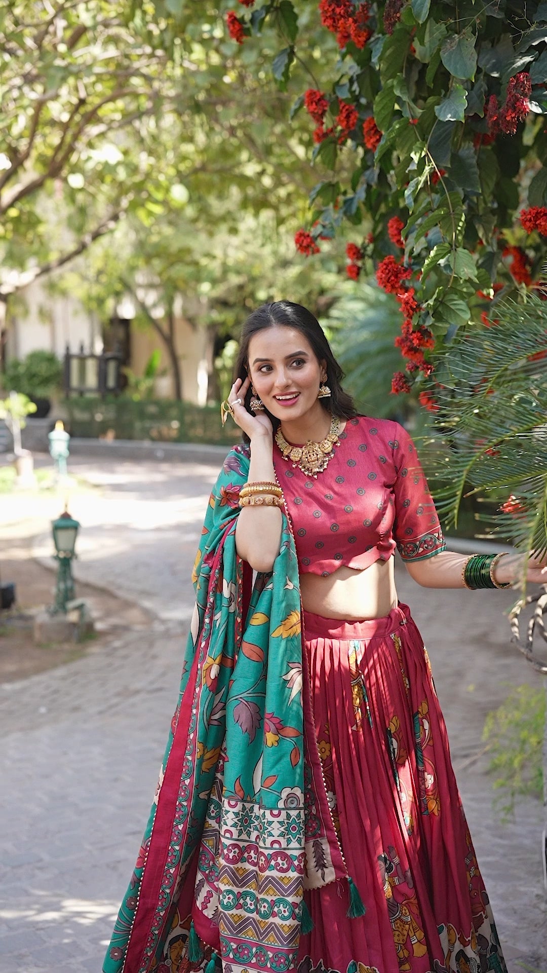 Maroon Tussar Silk Lehenga Choli with Kalamkari With Foil Work
