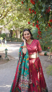 Maroon Tussar Silk Lehenga Choli with Kalamkari With Foil Work