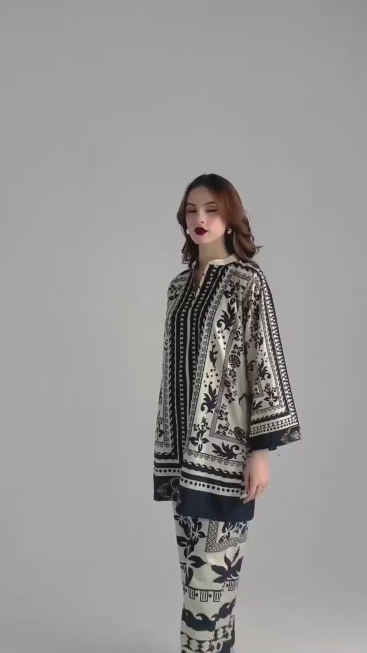 Monochrome Elegance Co-Ord Set in Pure Crepe – Black & White Digital Print