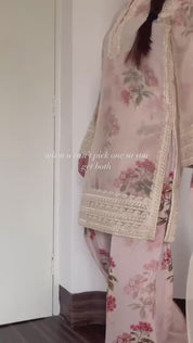Designer Georgette Kurti Set with Farshi Plazzo & Embroidered Silk Dupatta