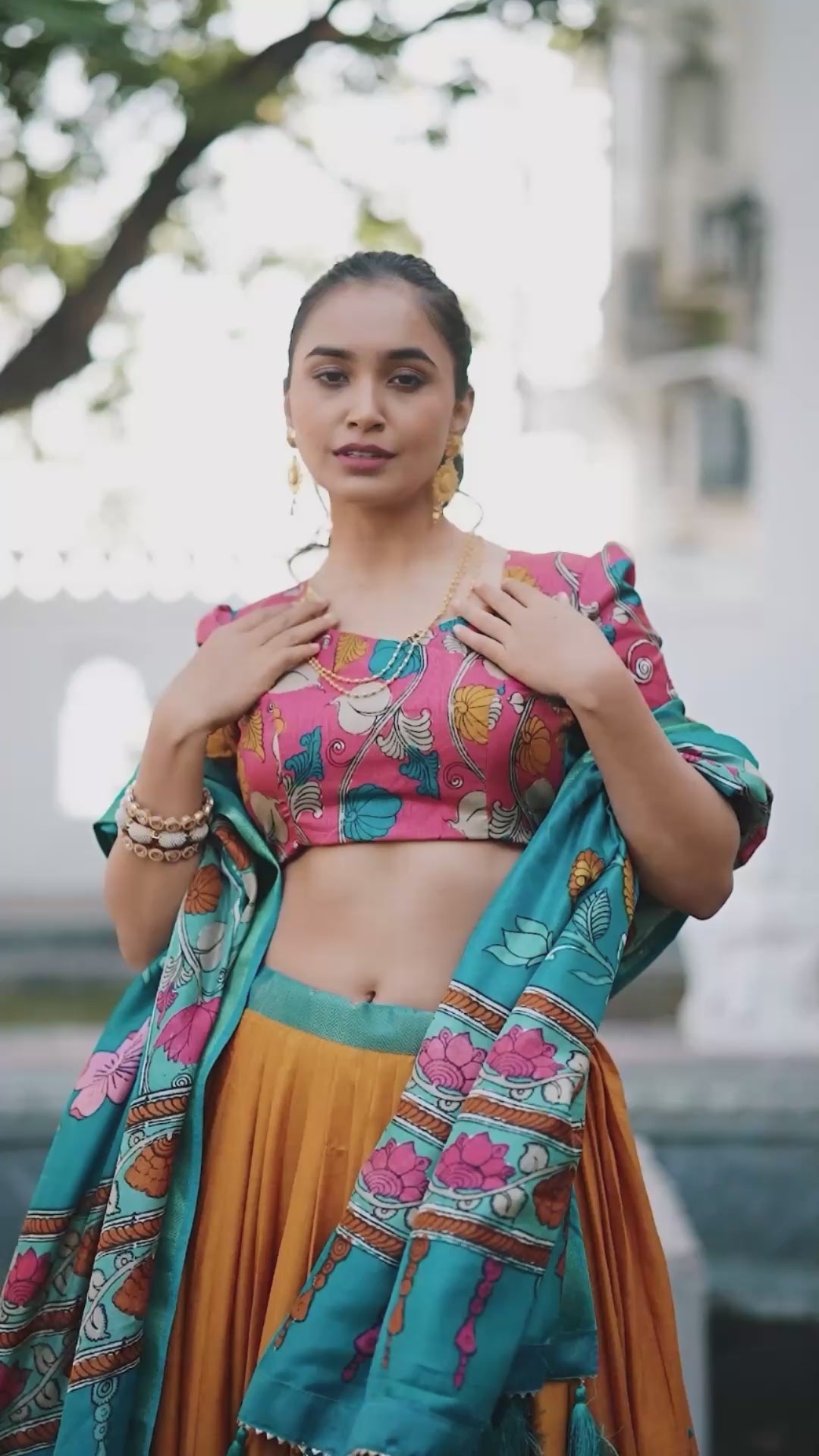 Yellow Tussar Silk Lehenga Choli with Printed (Kalamkari) With Zari Weaving Border