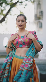 Yellow Tussar Silk Lehenga Choli with Printed (Kalamkari) With Zari Weaving Border