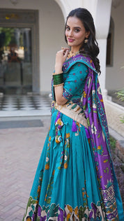 Firozi Tussar Silk Lehenga Choli with Kalamkari With Foil Work