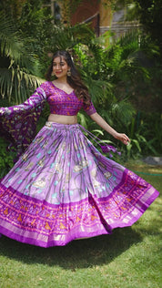 Lavender Tussar Silk Lehenga Choli with Pichwai With Patola Print And Zari Weaving Border