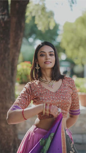 Peach Tussar Silk Lehenga Choli with Kalamkari With Foil Work