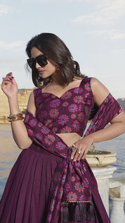 Wine Tussar Silk Lehenga Choli with Floral Print With Foil Work