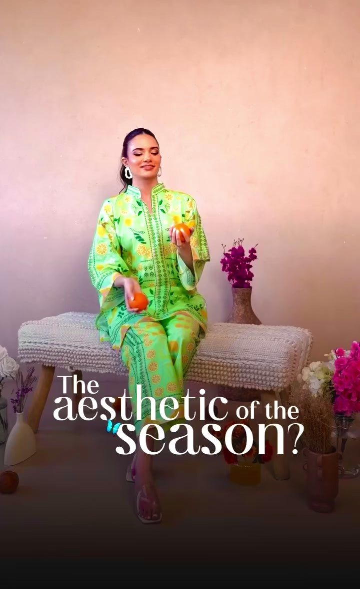 Fresh Green Crepe Co-Ord Set – Elegant Digital Print Top & Plazzo