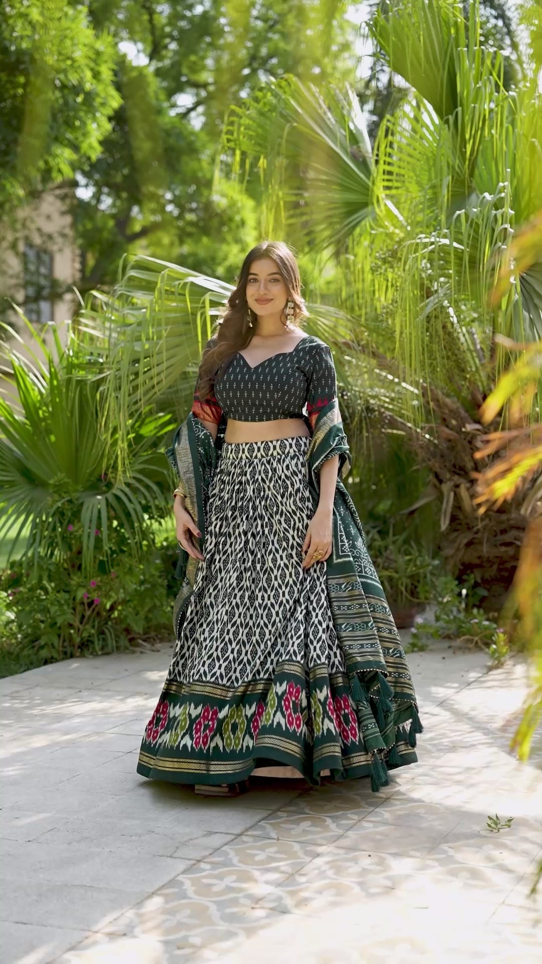 Green Tussar Silk Lehenga Choli with Ikkat Print With Foil Work