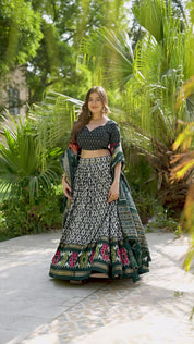 Green Tussar Silk Lehenga Choli with Ikkat Print With Foil Work