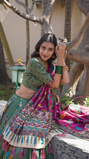 Seagreen Tussar Silk Lehenga Choli with Kalamkari With Foil Work