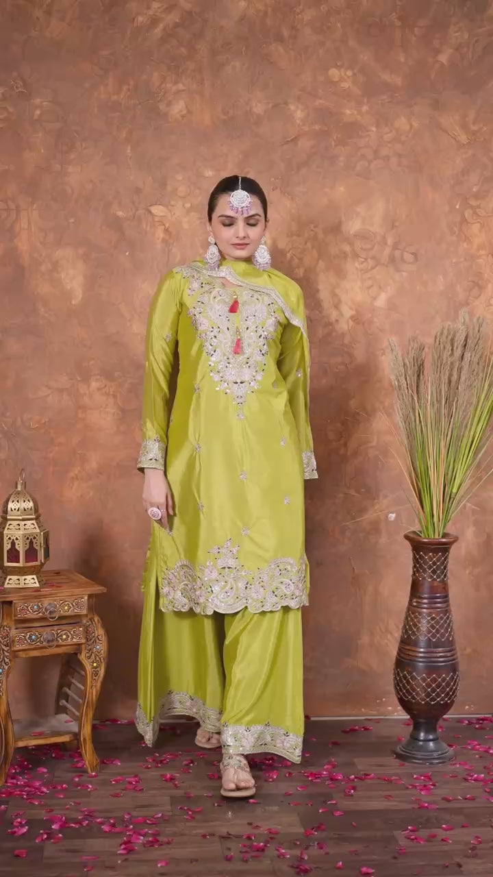 Designer Embroidered Chinon Silk Plazzo Set with Tassels