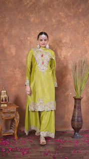 Designer Embroidered Chinon Silk Plazzo Set with Tassels